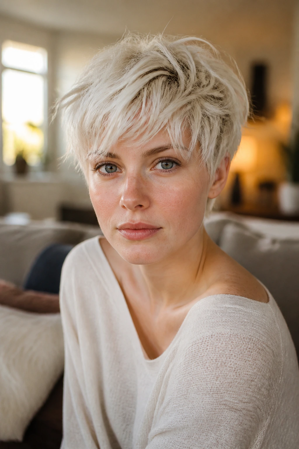 Close-up portrait of a real person with an airy shag pixie platinum hair