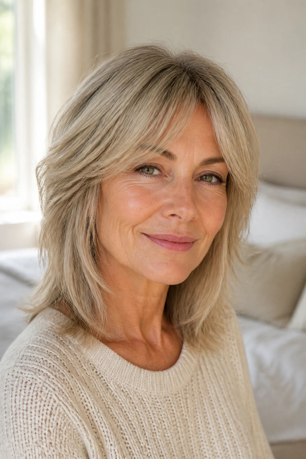 Portrait of a woman with airy shag on straight hair