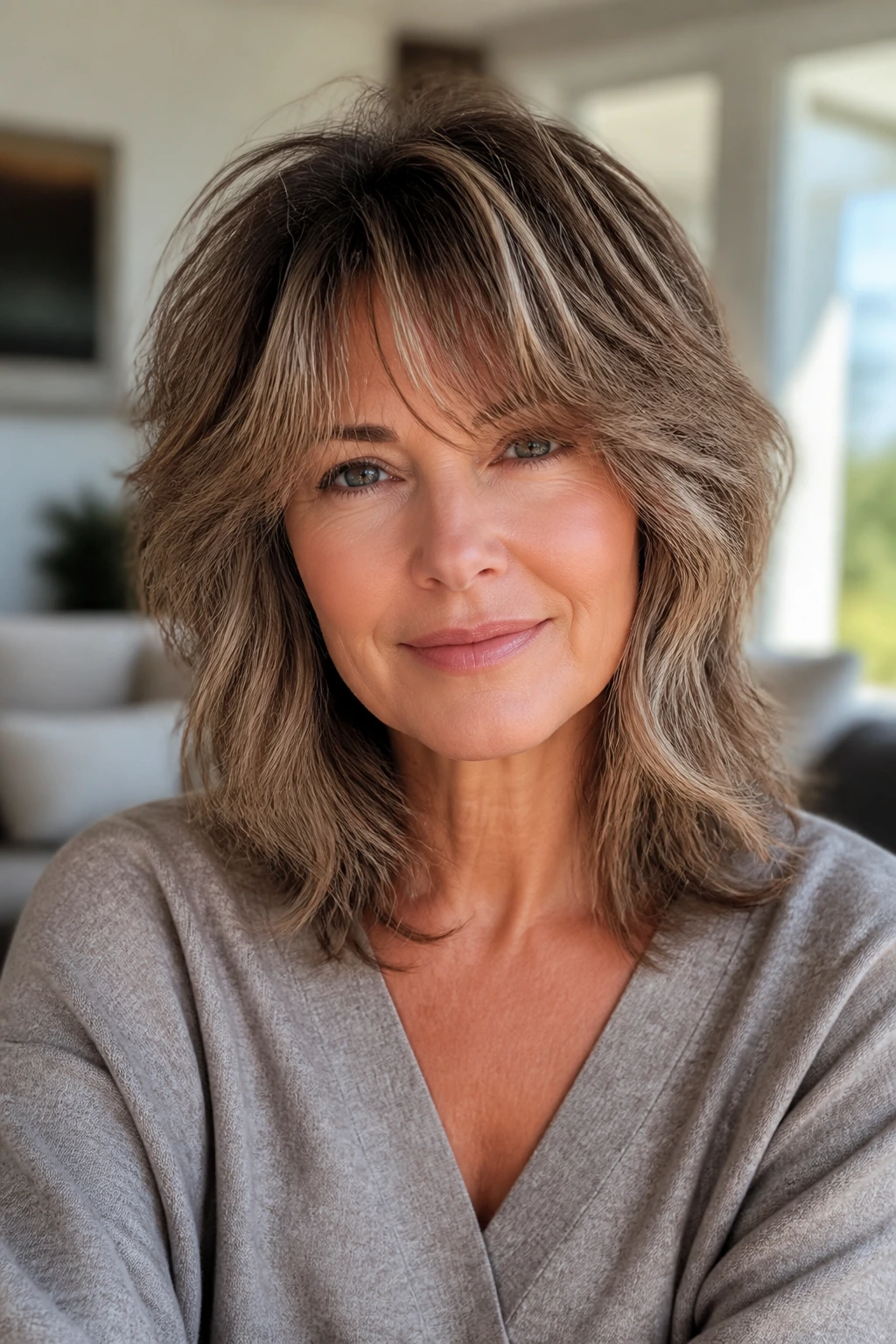 Close-up of a real woman with airy shag for thick hair in sunlit room