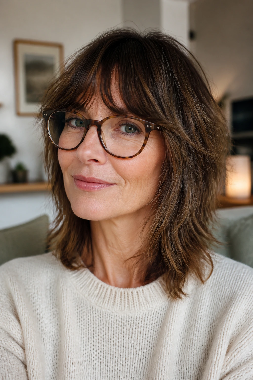 Portrait of a woman with an airy shoulder shag.