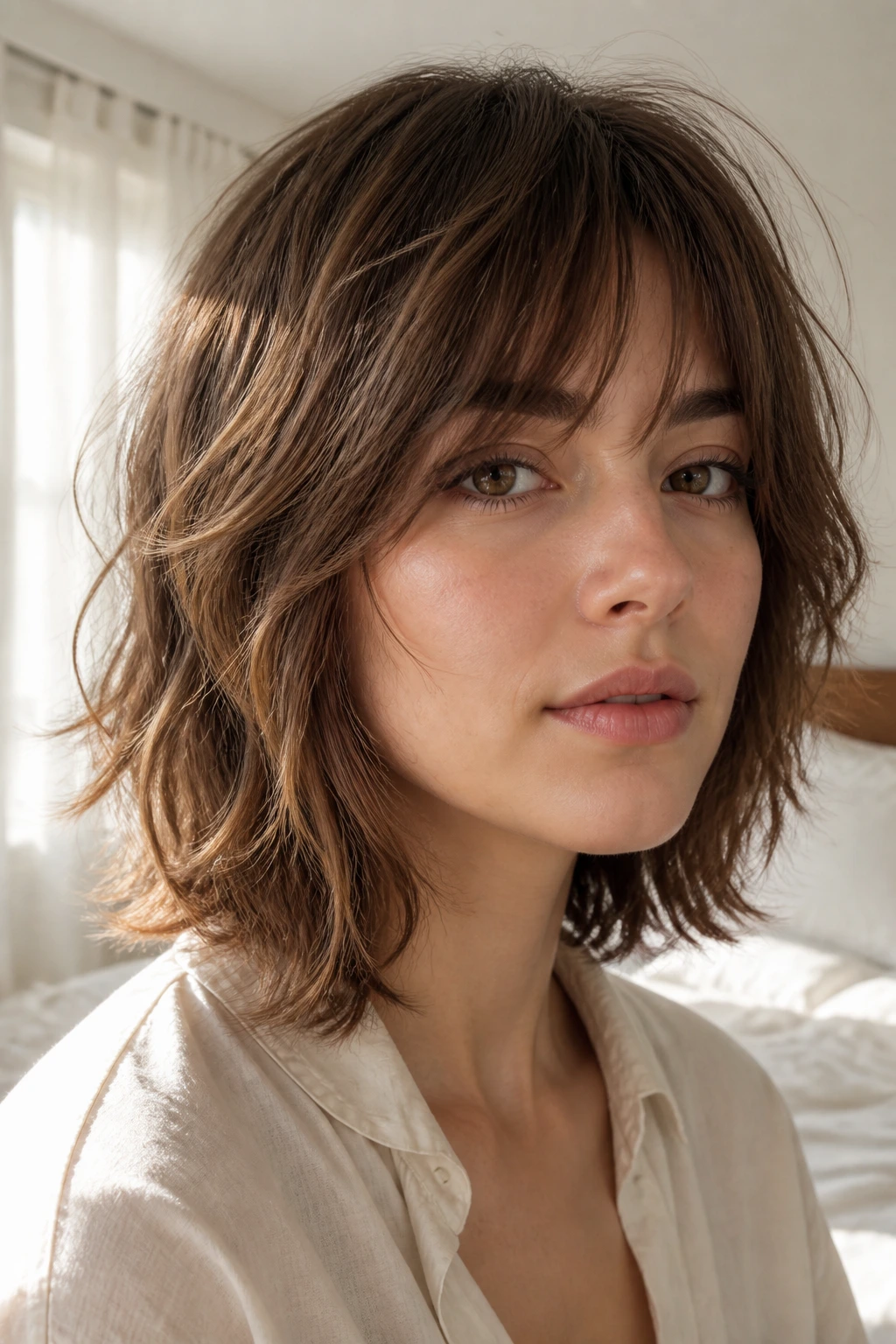 Close-up of a real person with airy shoulder-length shag in natural window light