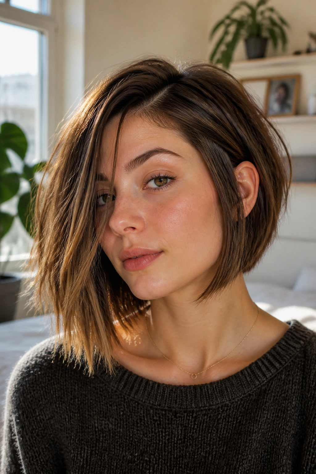 Close-up of a real person with an airy shoulder-skimming bob