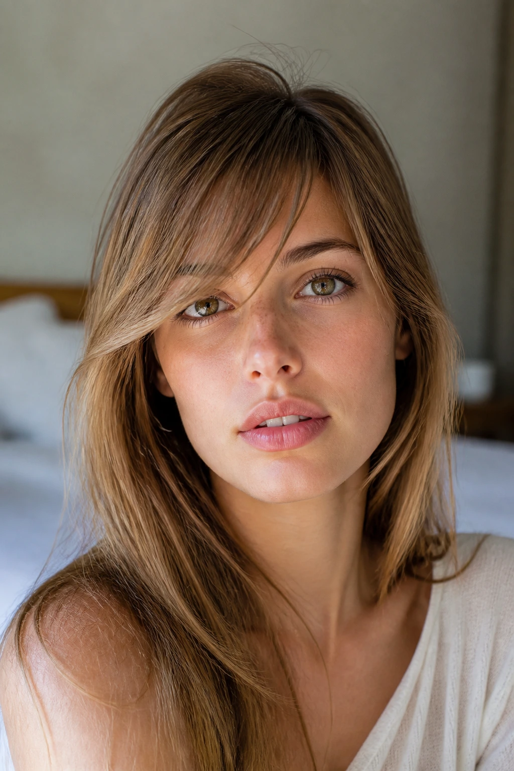 Close-up portrait of a real woman with airy fine-hair sweep bangs