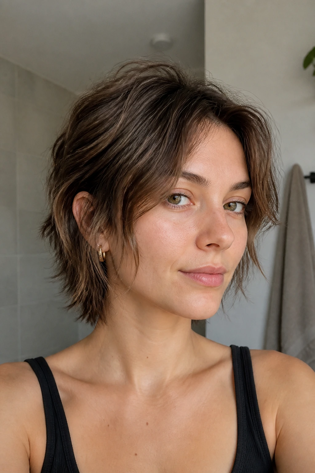 Real person with airy tapered grow-out shag in morning light