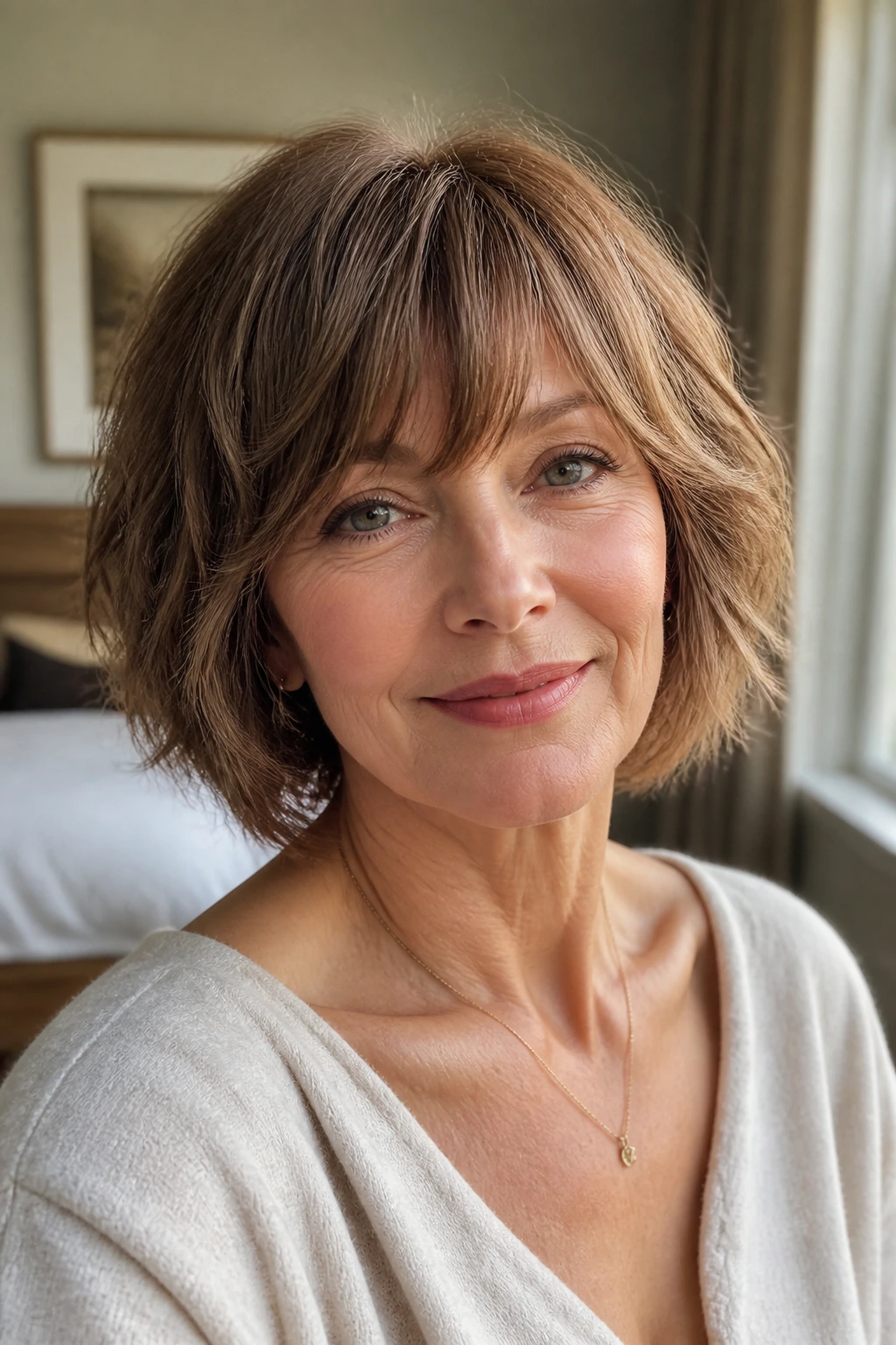 Close-up of a real woman with an airy teddy-brown bob under soft window light.