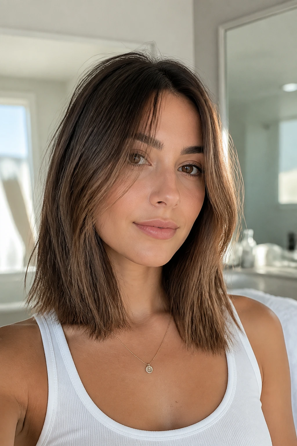 Close-up portrait of a real woman with an airy texture-spray lob hairstyle
