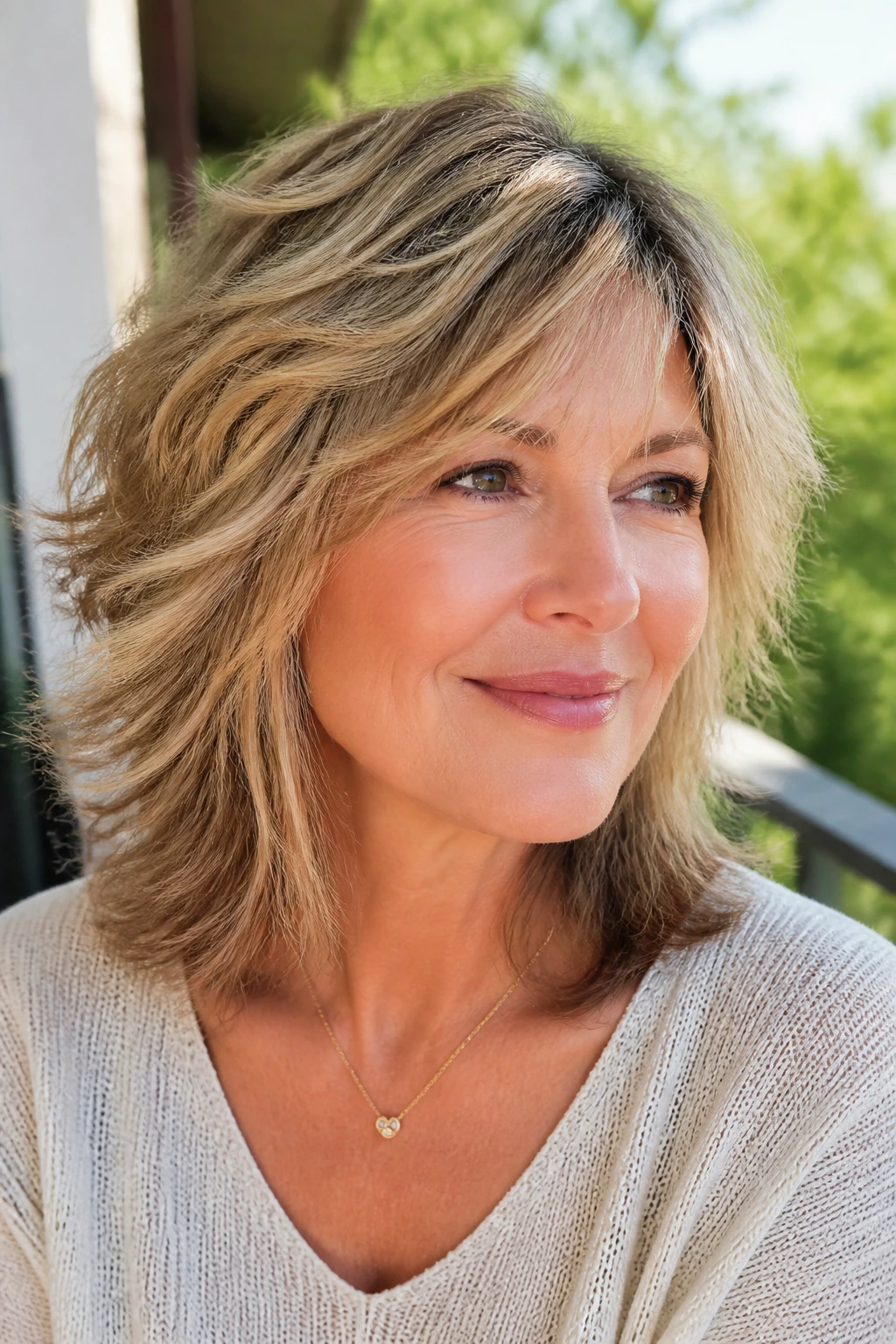 Portrait of a woman with airy textured mid-length cut showing light, movable layers