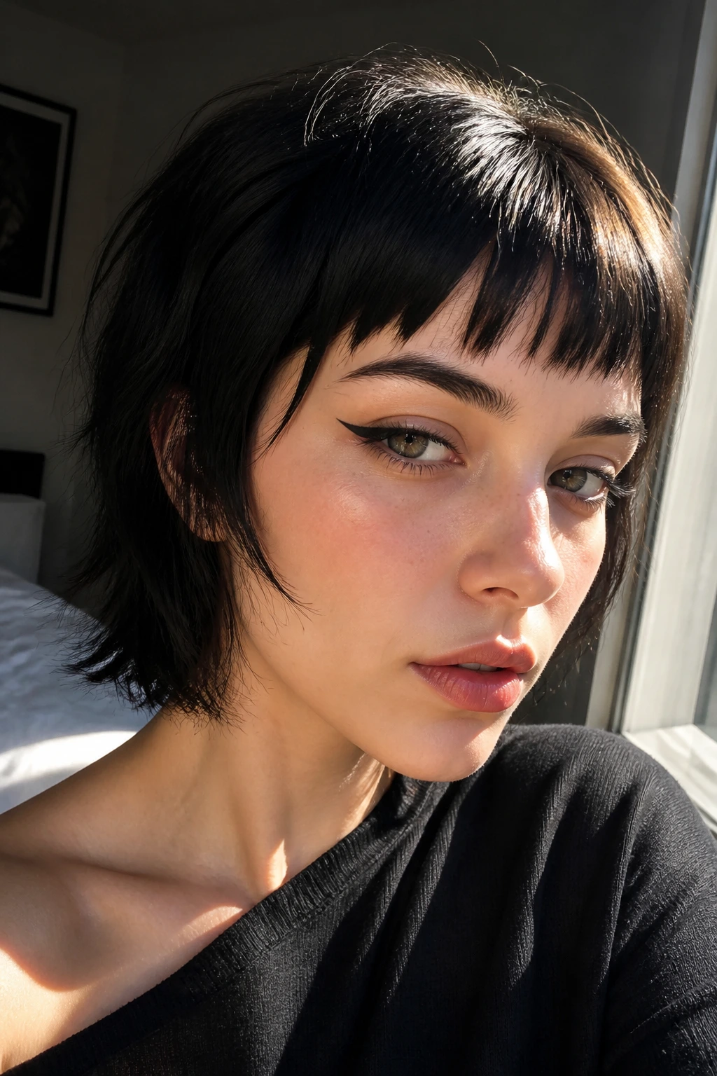 Close-up of a real person with airy tooth-cut bangs and notched edge on short dark hair in a sunlit room.