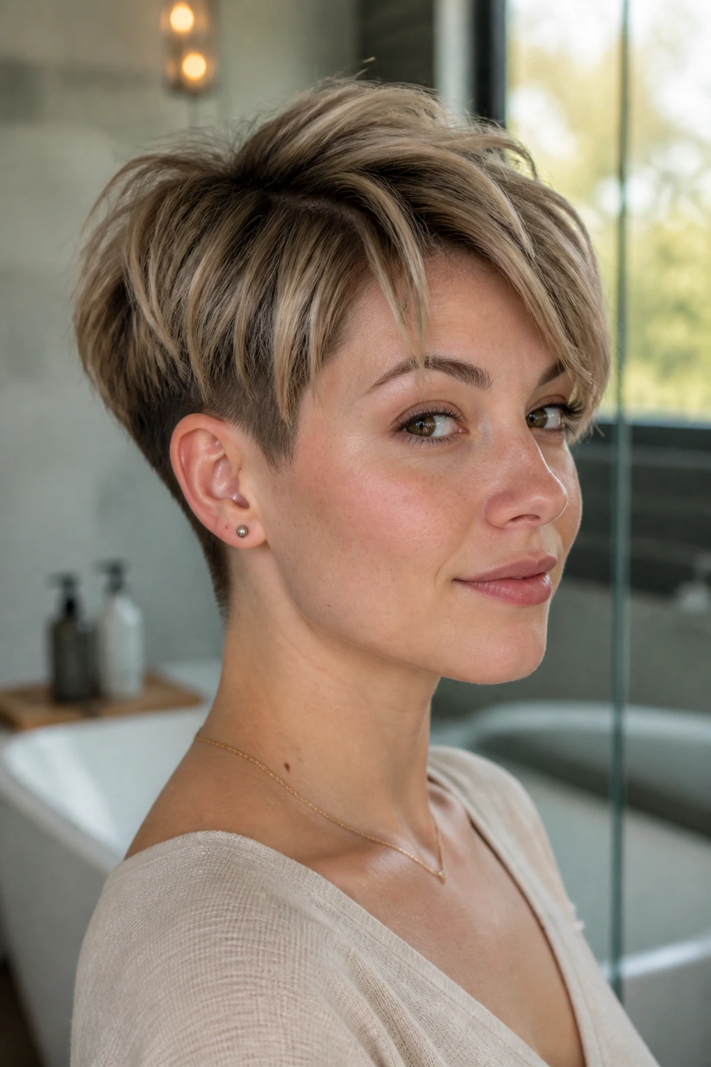 Close-up portrait of a real woman with an airy undercut pixie hairstyle, natural light