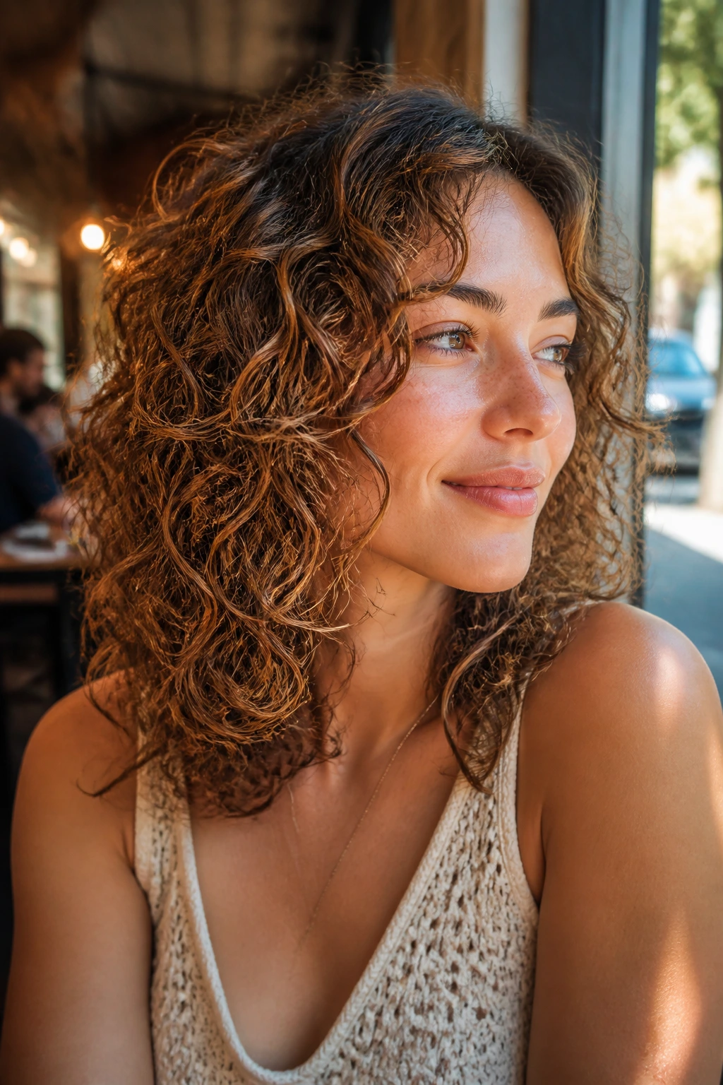 Portrait of a real woman with shoulder-length airy wave curls at a sunlit cafe setting.