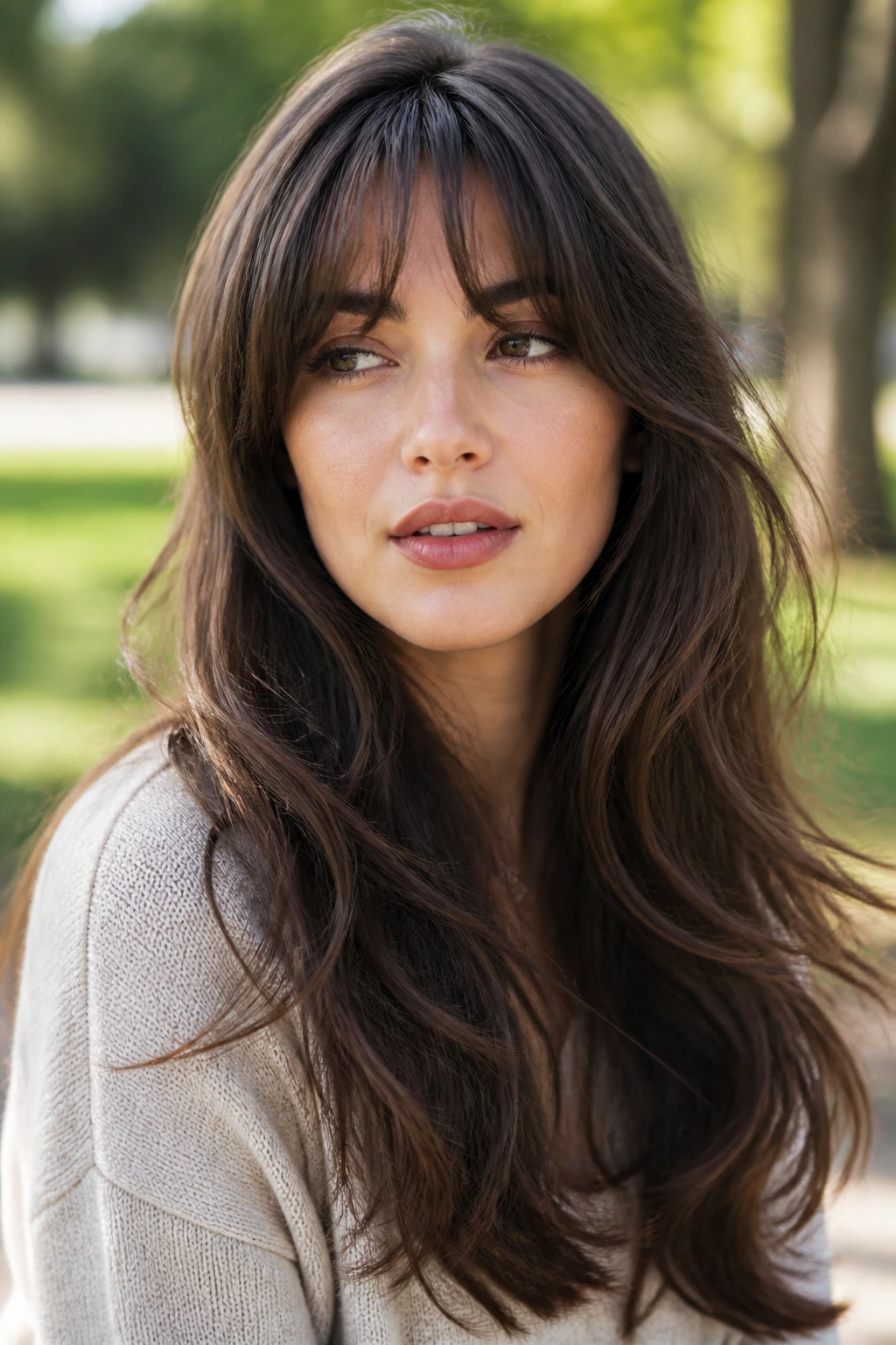 Portrait of a person with airy waves and heavy curtain bangs