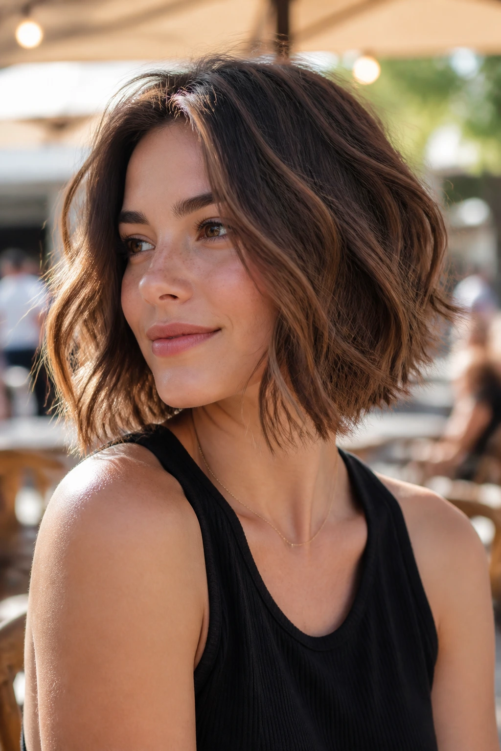 Close-up portrait of a real person with an airy, wavy bob and piecey ends in natural light.