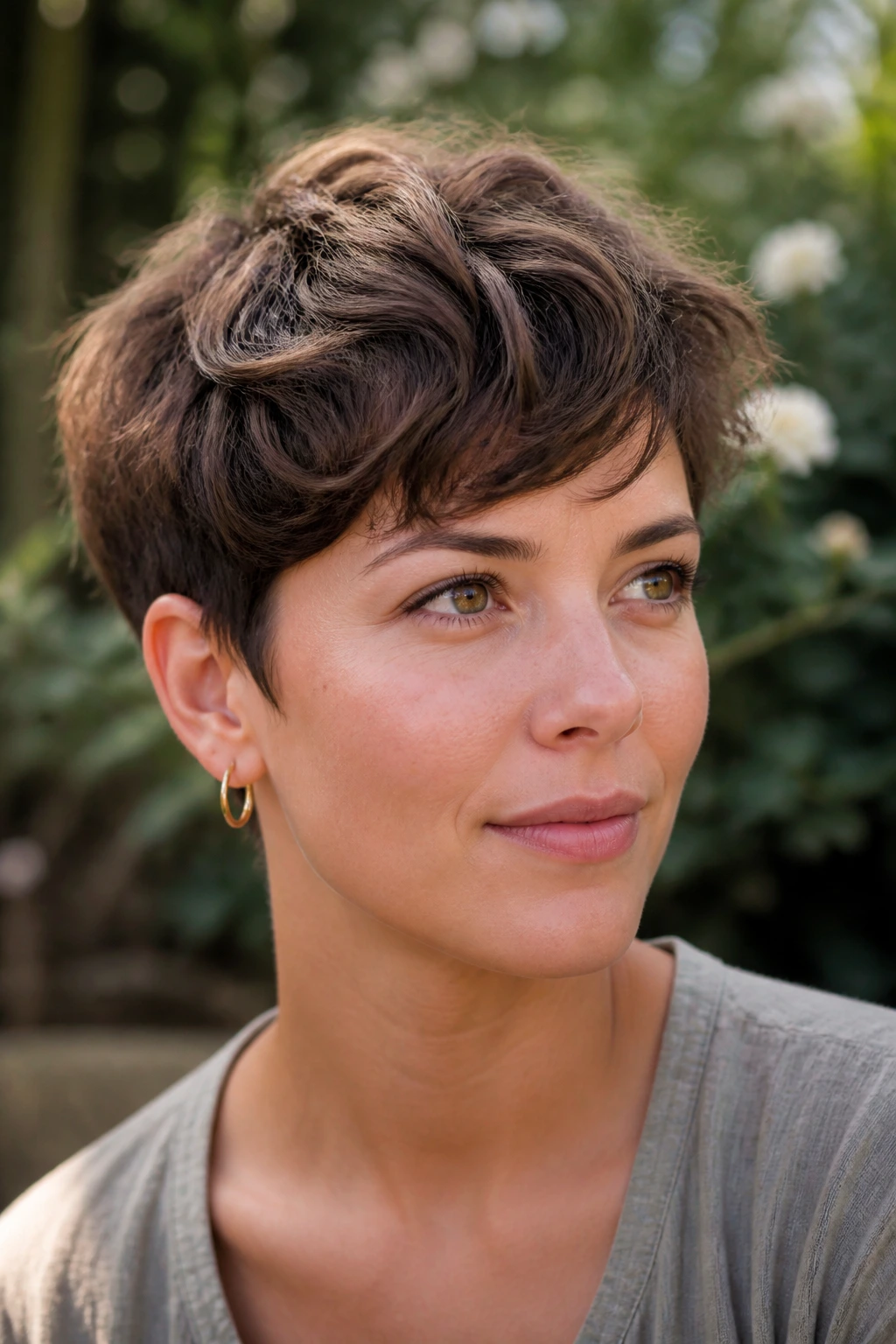 Close-up of a real person with an airy wavy pixie in garden daylight
