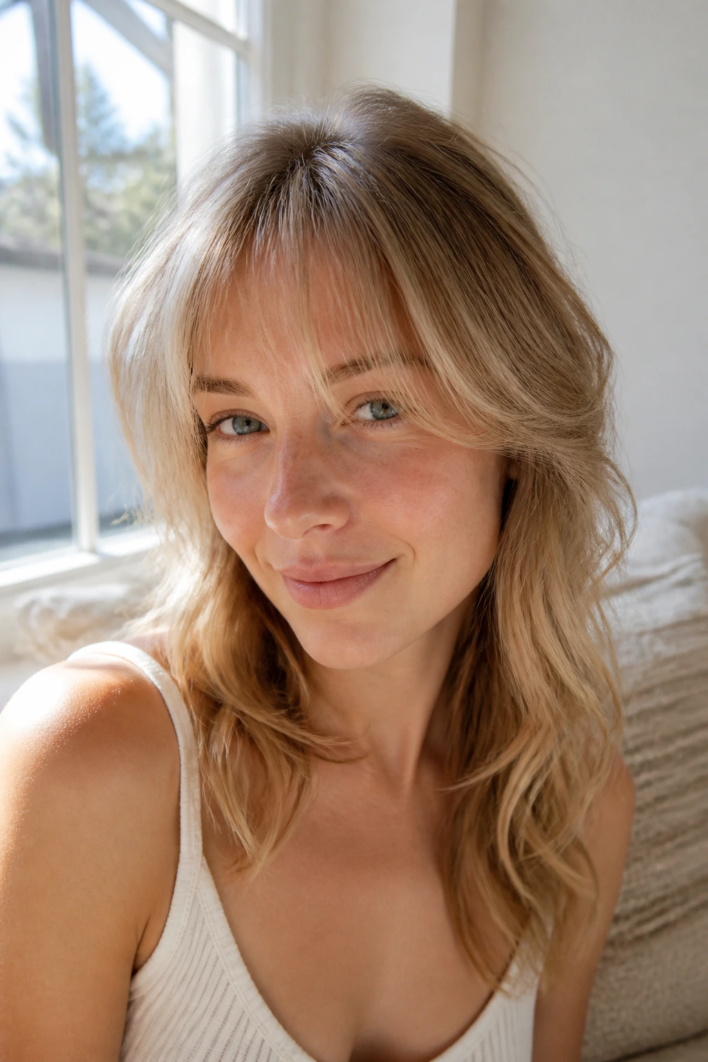 Close-up portrait of a real person with airy whisper bangs in bright window light