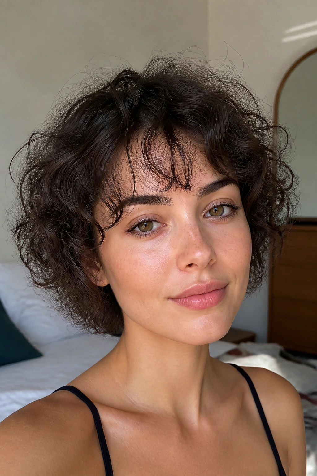 Close-up of a real woman with airy wispy fringe in soft morning light
