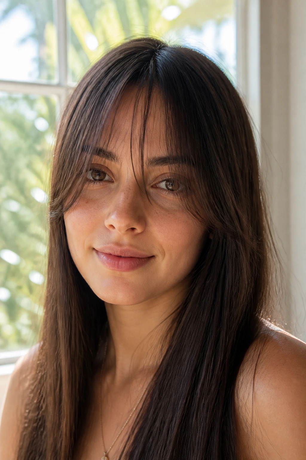 Portrait of a real person with airy wispy curtain bangs in a sunlit window setting