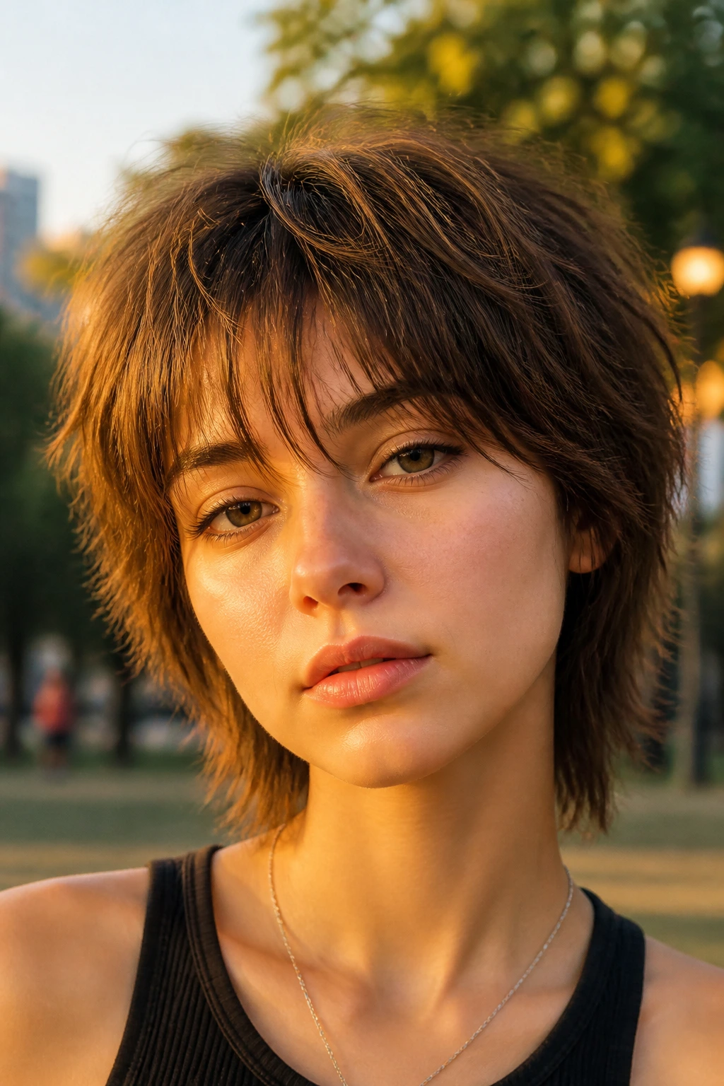 Close-up portrait of a real person with airy wolf crop and wispy bangs in a sunny park