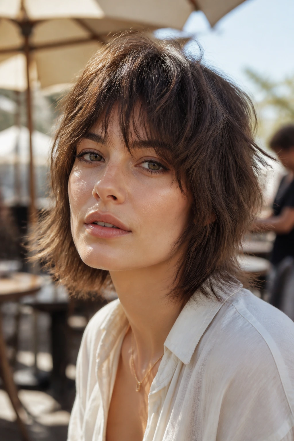 Real person with an airy wolf cut on short hair in natural sunlight