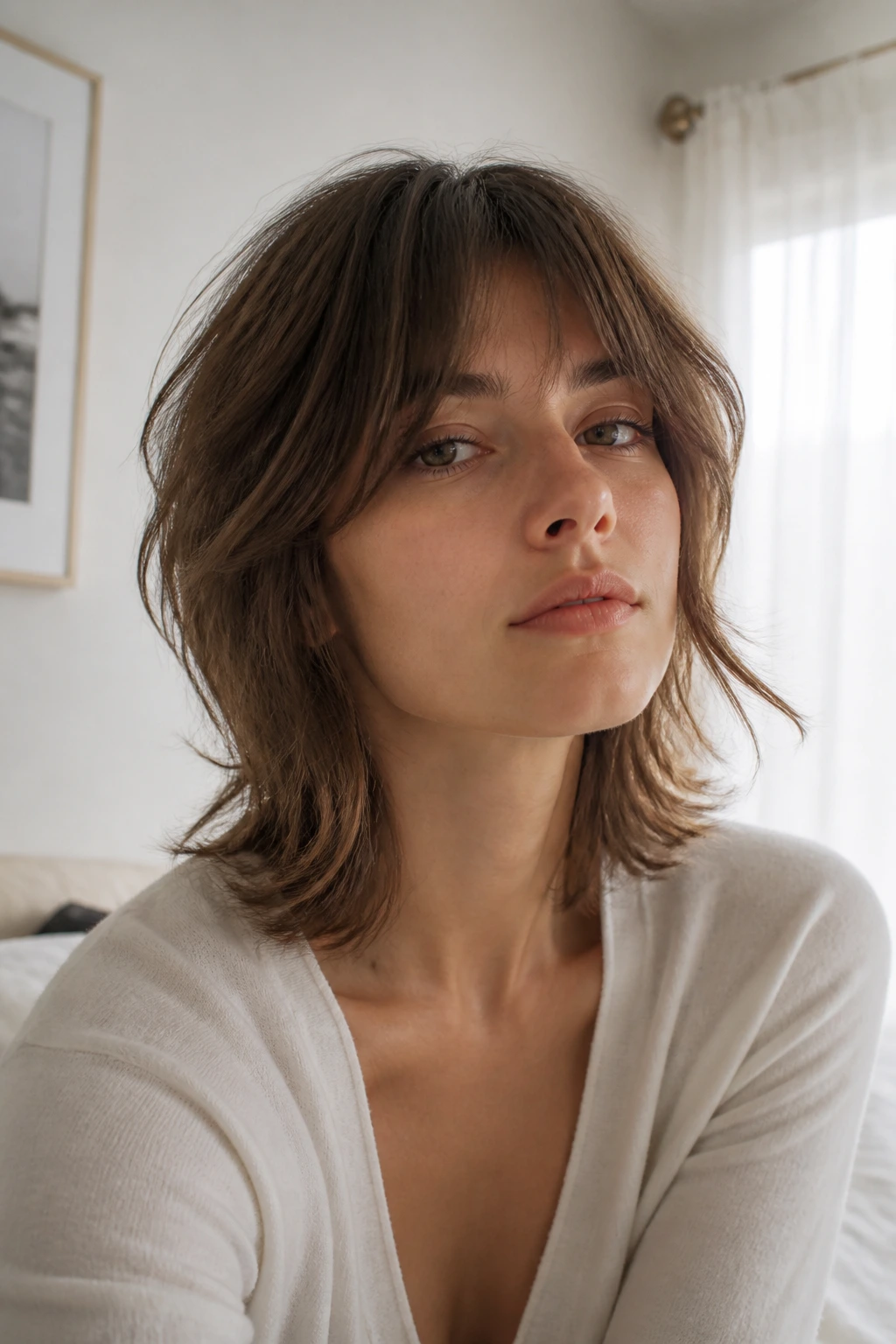 Close-up of a real woman with airy French-girl wolf cut and soft fringe