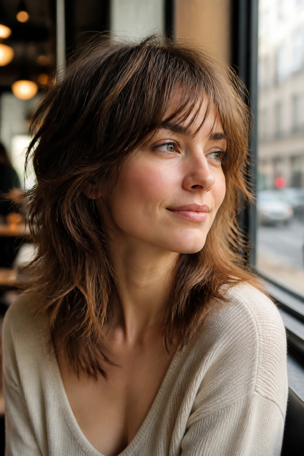Close-up of a real woman with an airy wolf shag in a sunny cafe setting.
