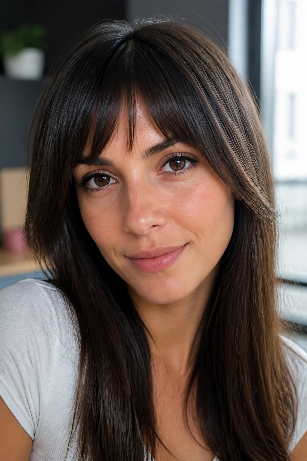 Close-up of a real person wearing A-Line bangs with a shorter center