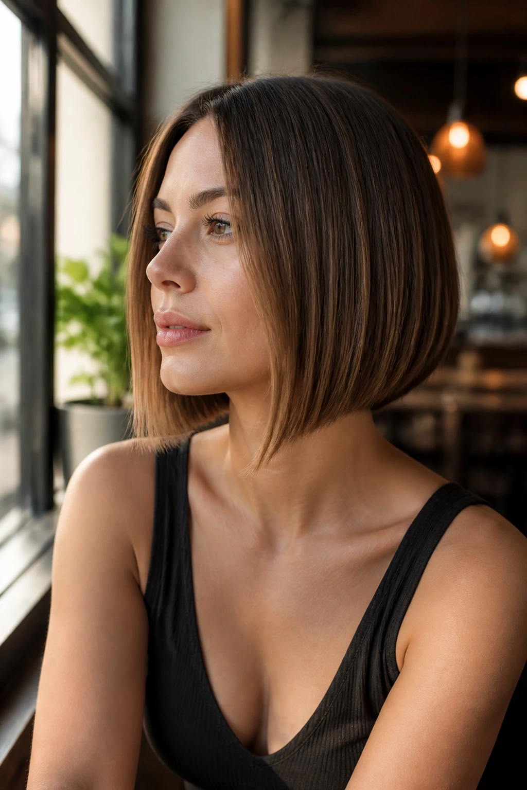 Three-quarter portrait of a real woman with an A-line blunt bob and a slight front drop