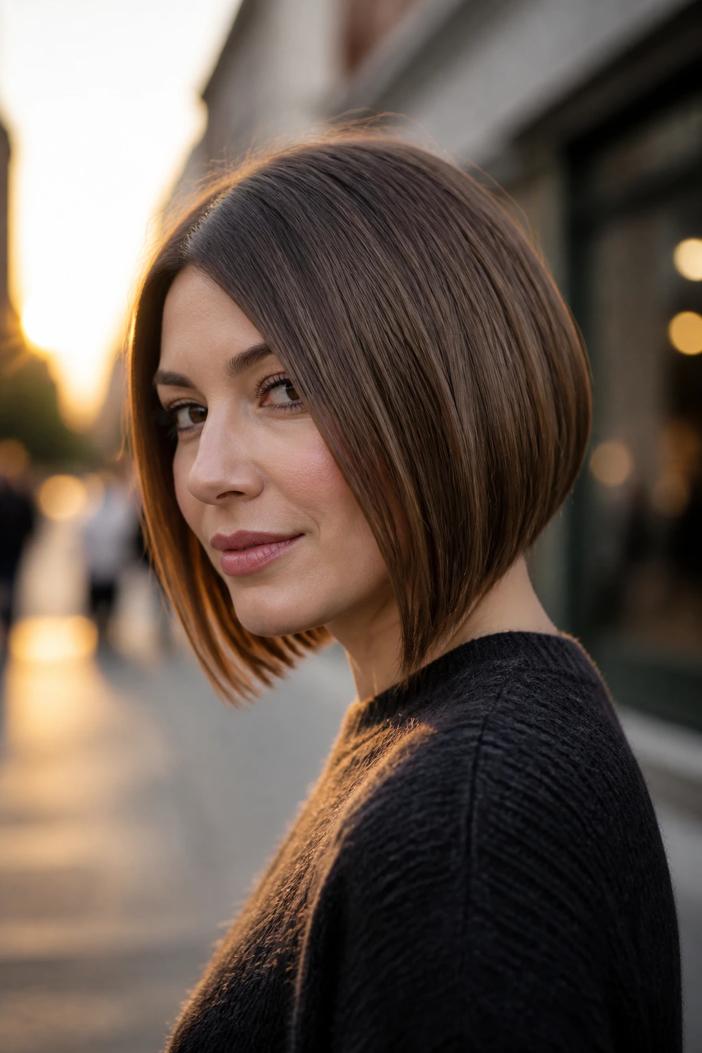 Close-up of a real woman with an A-line bob angled cut