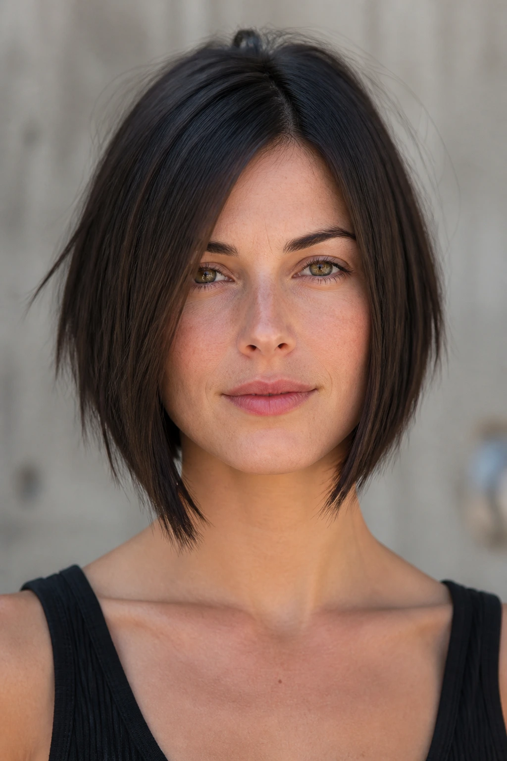 Close-up of a person with A-line bob and jagged corners