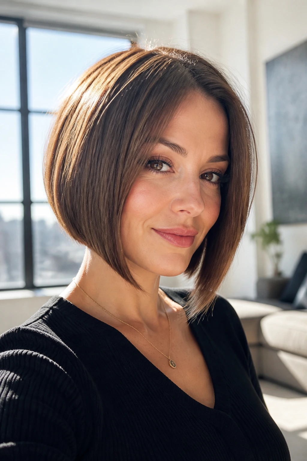 Portrait of a woman with an A-line bob showing longer front and shorter back.