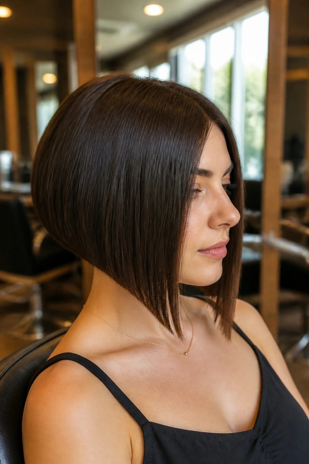 Close-up portrait of a real woman with an A-Line Precision Bob in a warm salon.