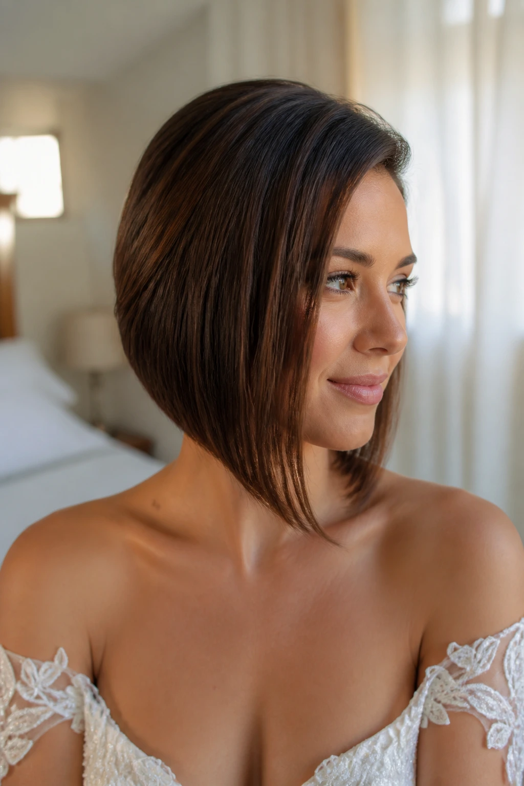 Close-up of a real woman with an A-line bob showing the shorter back and longer front.