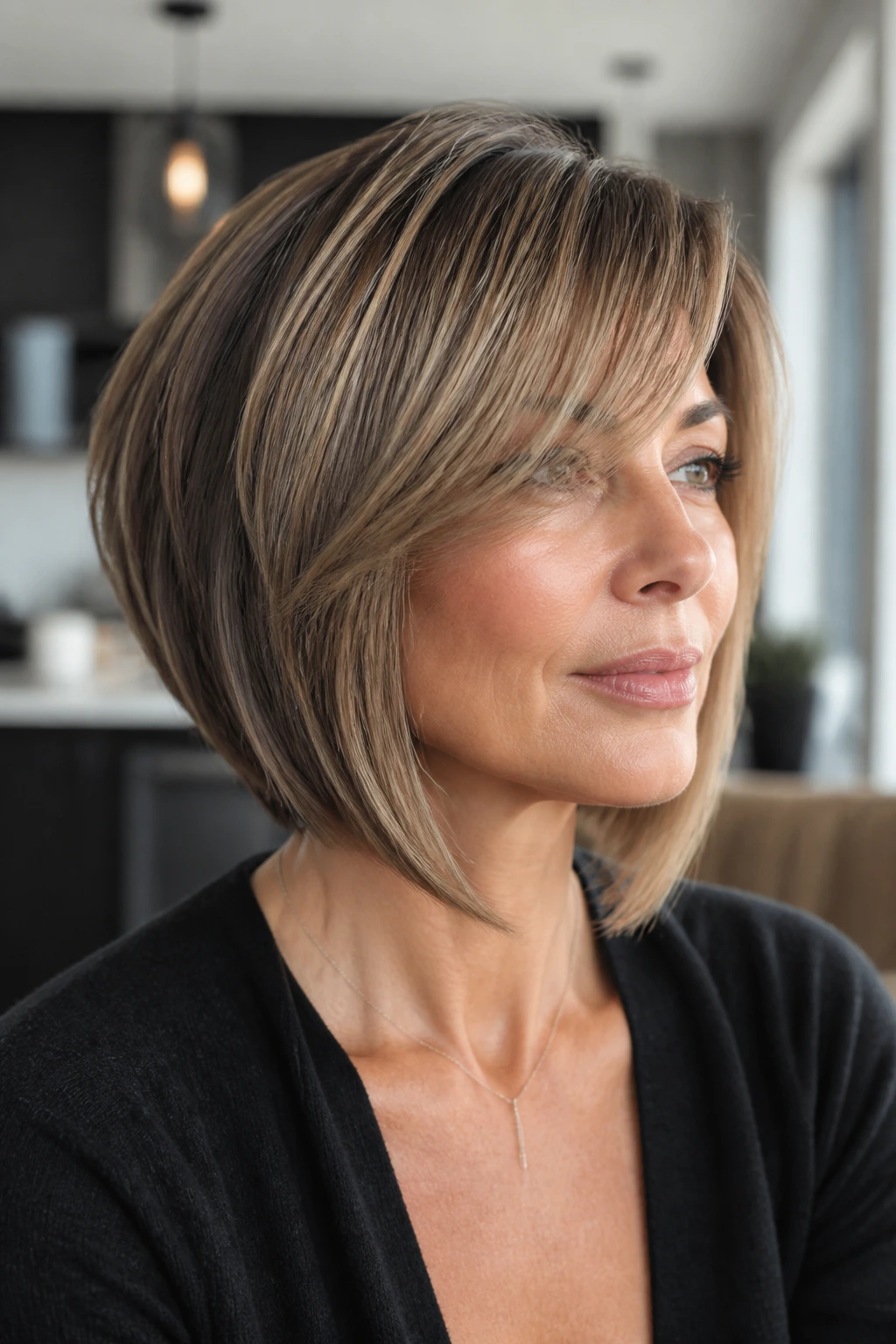 Real-person portrait with A-line bob and side-swept bangs.