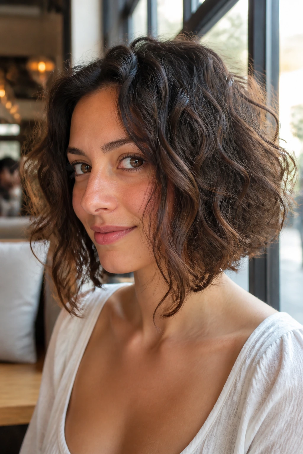 Portrait of a real woman with A-line curly bob and long front pieces