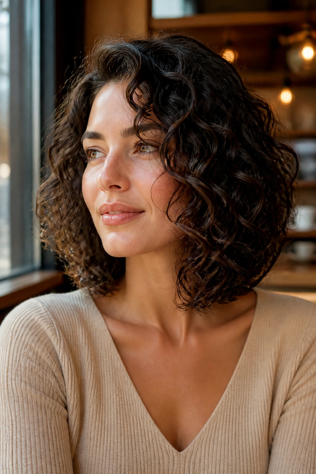 Close-up of a real woman with an A-Line curly lob and diagonal silhouette