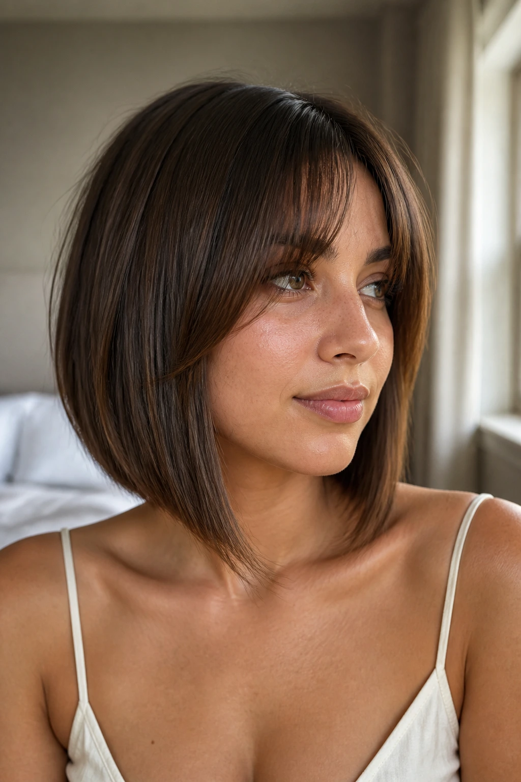 Close-up portrait of a real woman with an A-line lob and cheekbone-skimming bangs in natural window light