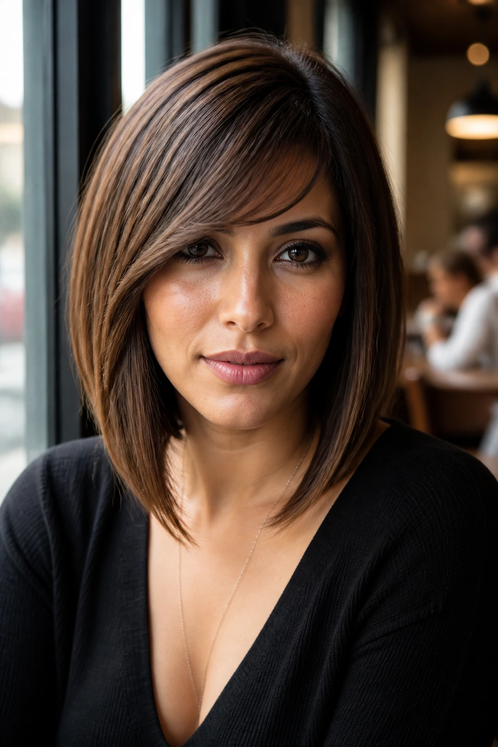 Close-up of a woman with an A-line lob and smooth side bangs