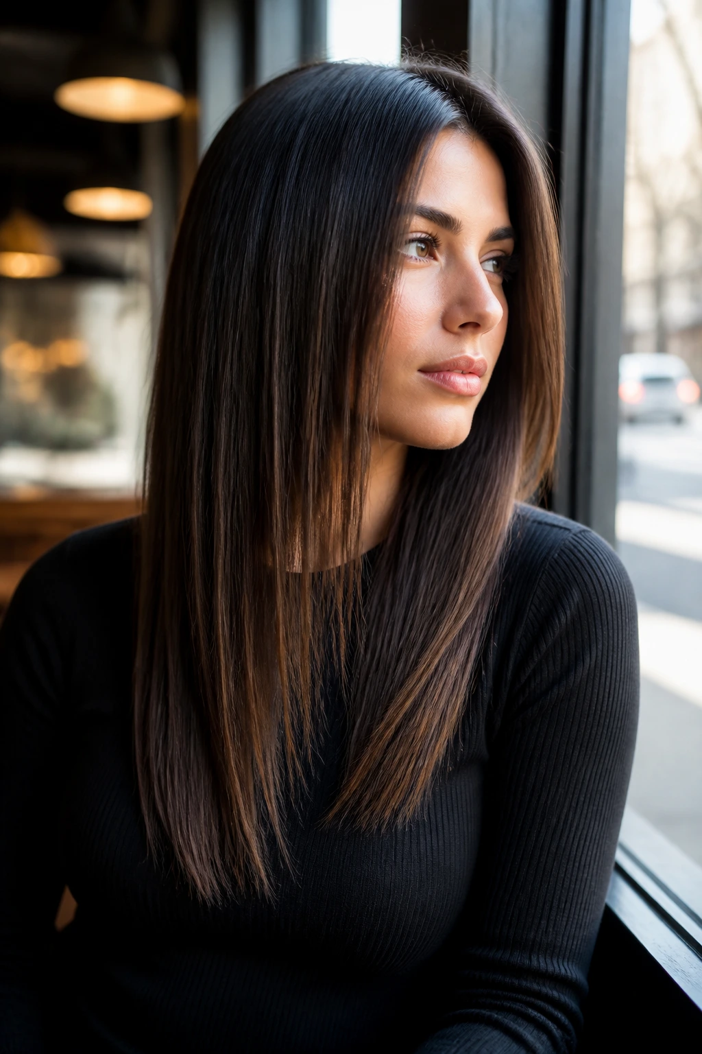 Three-quarter portrait of real woman with A-Line Long Cut showing diagonal line