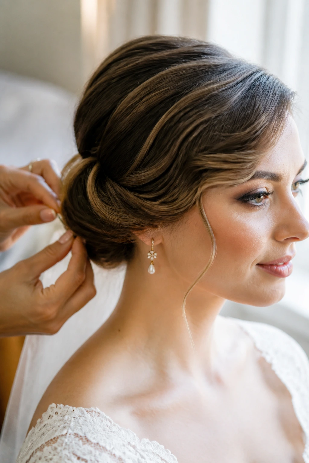 Bride with a secure vintage updo being pinned for longevity