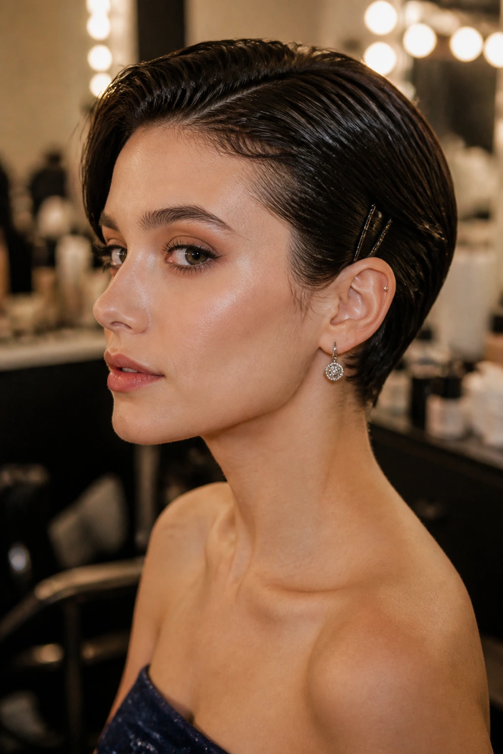 Real person with a secure short hairstyle and hidden pins