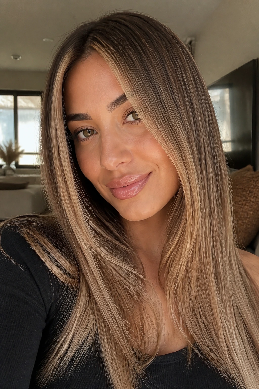 Close-up of a real woman with almond biscotti balayage on straight hair