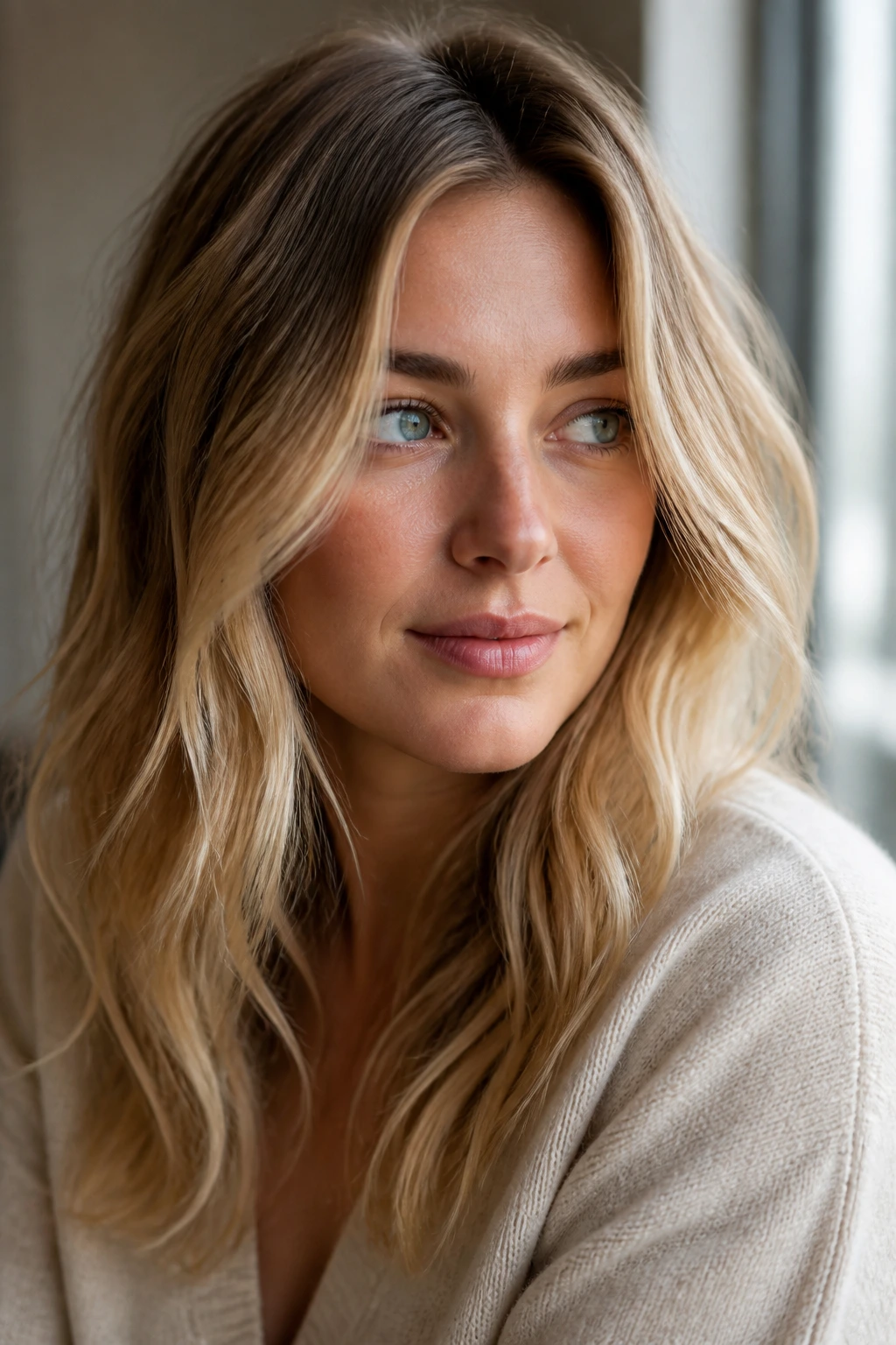 Close-up portrait of almond blonde hair with beige warmth and root shadow