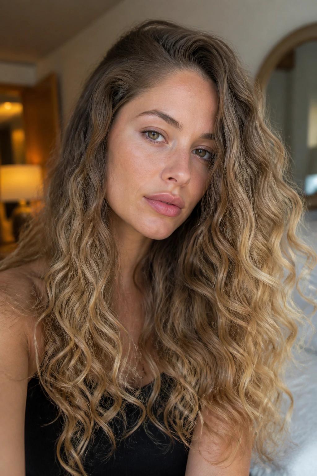 Close-up of real woman with almond blonde ombré on long curls