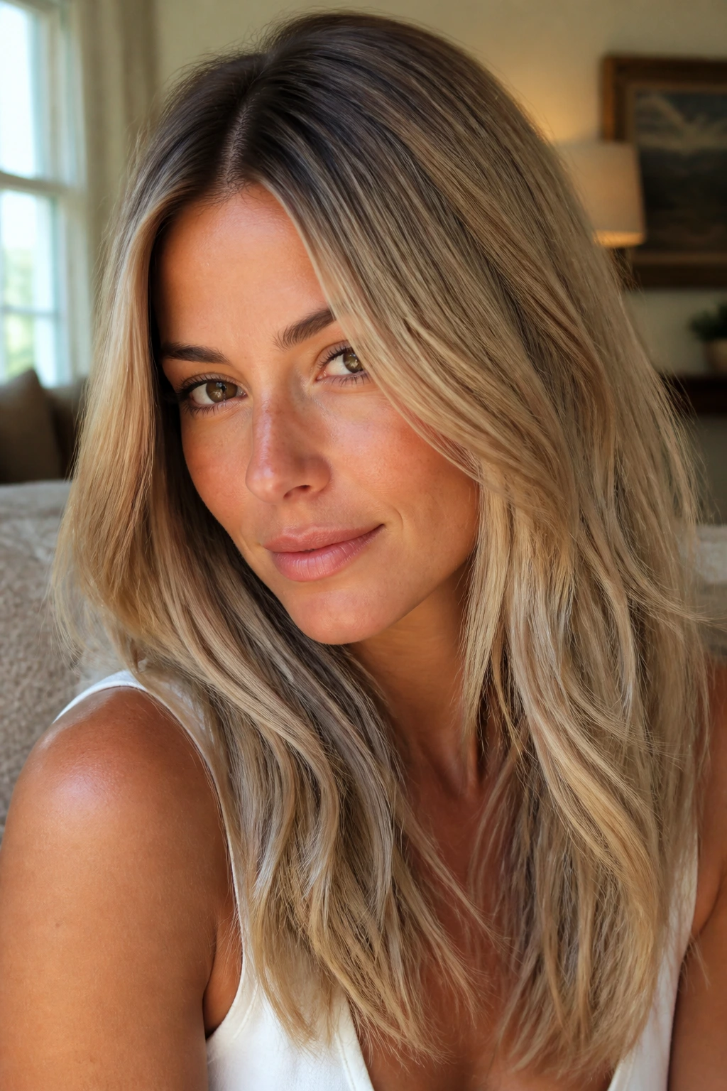 Close-up of almond blonde shadow root on a real person in warm daylight