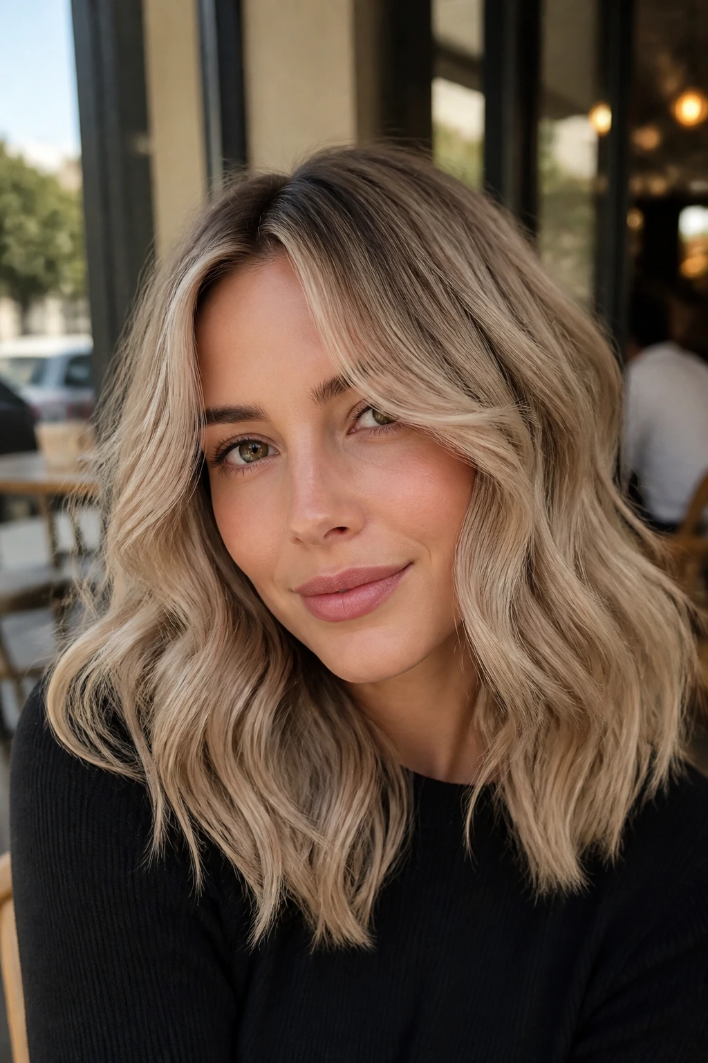 Close-up portrait of a real woman with almond blonde waves and neutral finish