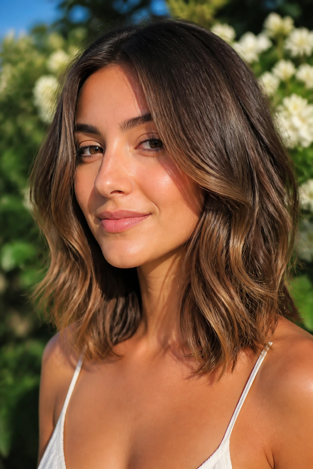 Close-up portrait of brunette with almond brown hair and sun-kissed tips in natural light