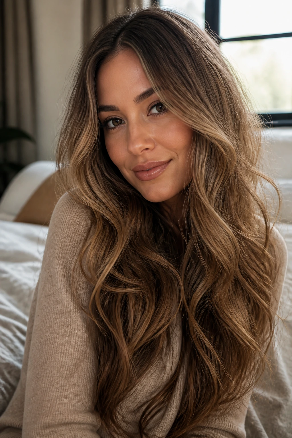 Close-up portrait of a real woman with almond butter brunette hair in long waves under warm window light