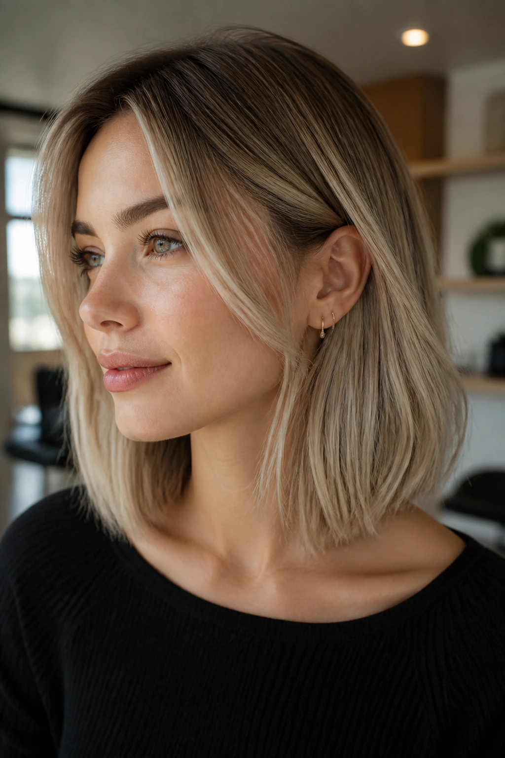 Portrait of a real woman with almond milk balayage on a lob haircut.