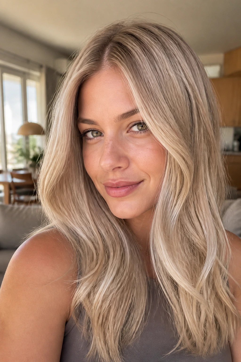 Close-up of a real woman with almond milk blonde and creamy depth.