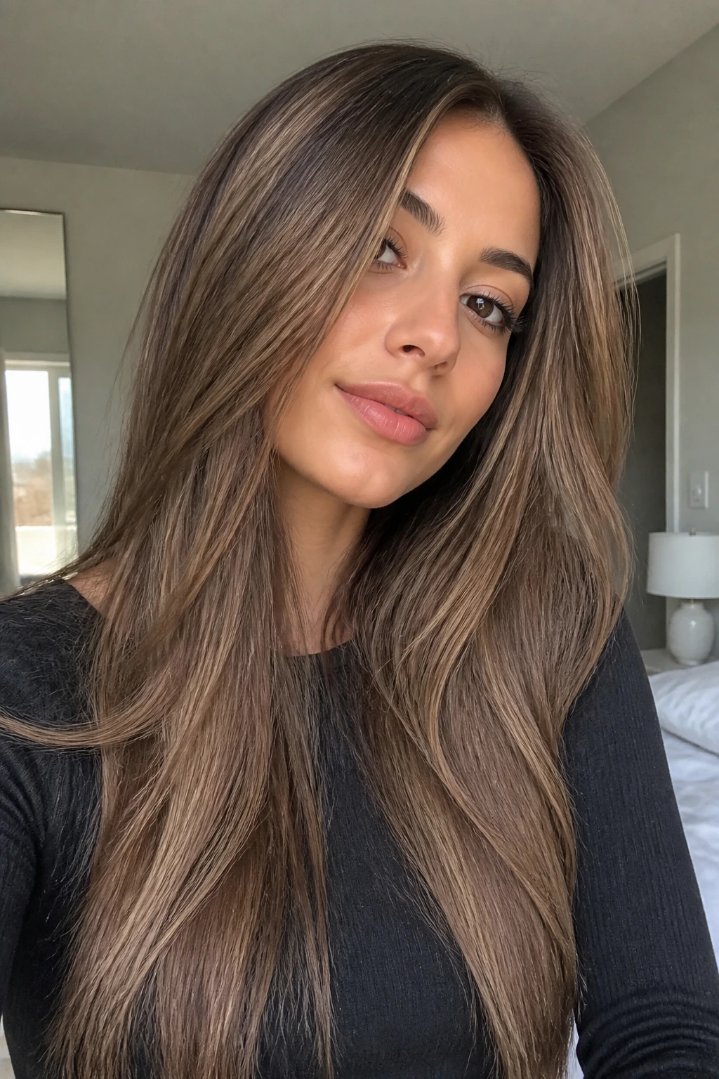 Close-up of a real woman with almond milk brunette hair and soft dimension