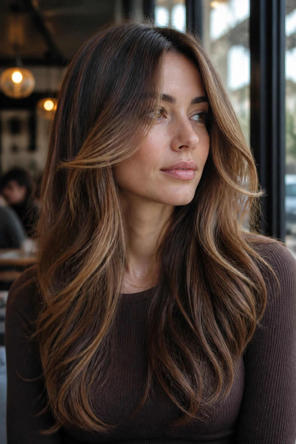 Real woman with almond mocha curtain layers and face-framing curtain bangs